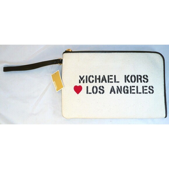 Michael Kors Pouch Love Los Angeles Natural Canvas Wristlet Purse Bag Clutch New - Picture 1 of 9